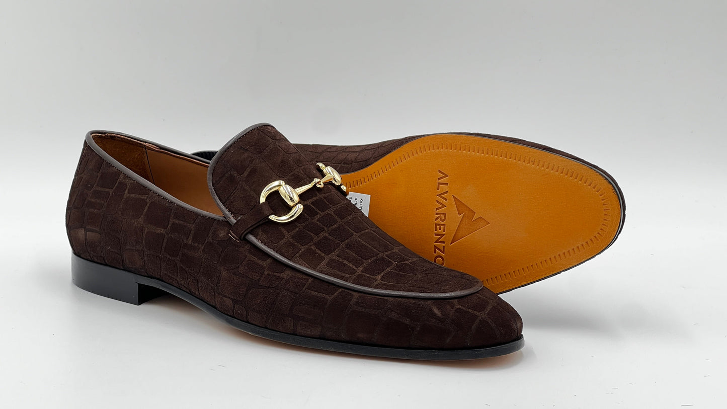 25123 Brown Suede Crocodile Press Loafer Men Shoes - Alvarenzo shoes