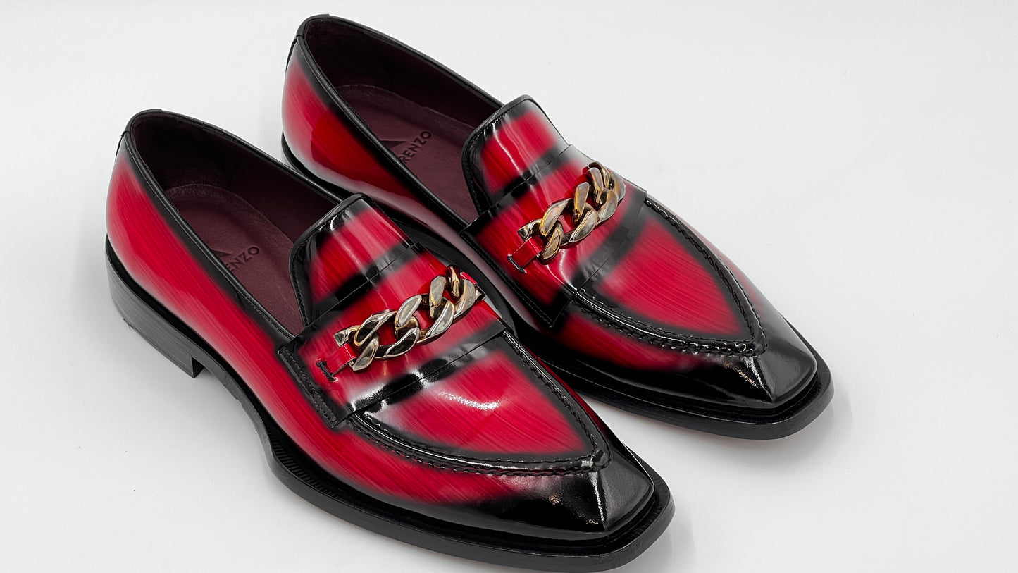 GRASE Italy Handpaint Red Loafer Gold Buckle Leather Shoes