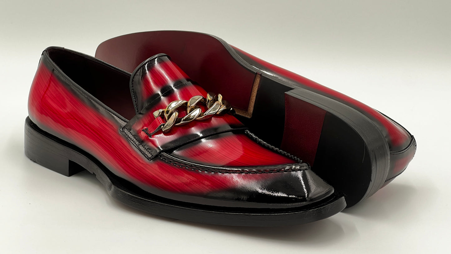 GRASE Italy Handpaint Red Loafer Gold Buckle Leather Shoes