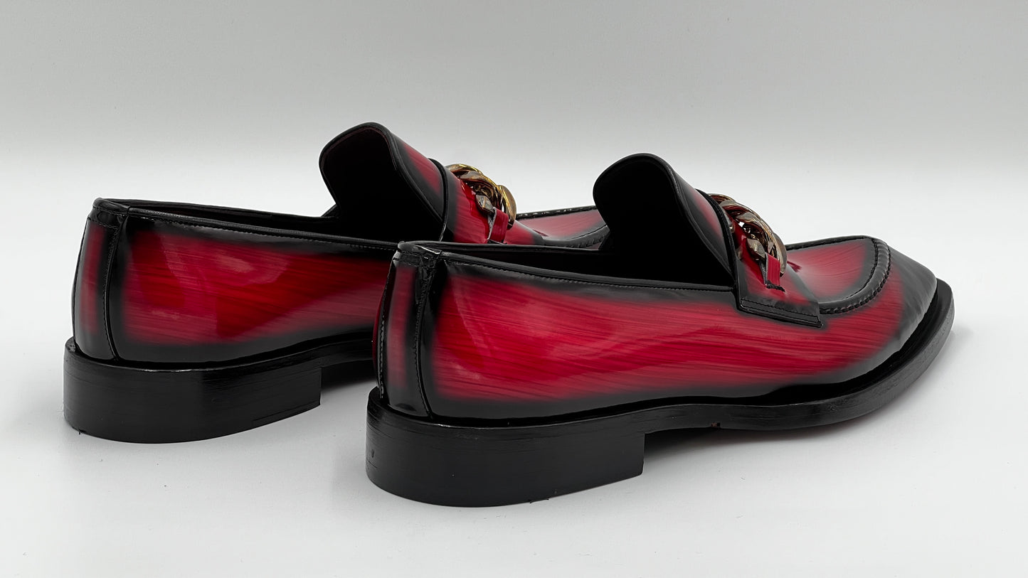 GRASE Italy Handpaint Red Loafer Gold Buckle Leather Shoes
