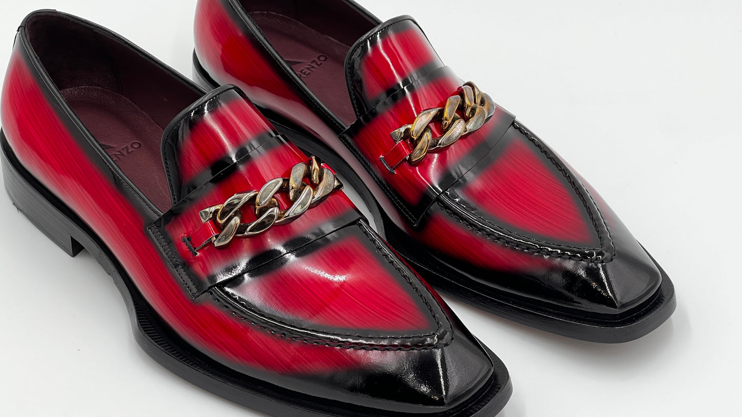 GRASE Italy Handpaint Red Loafer Gold Buckle Leather Shoes