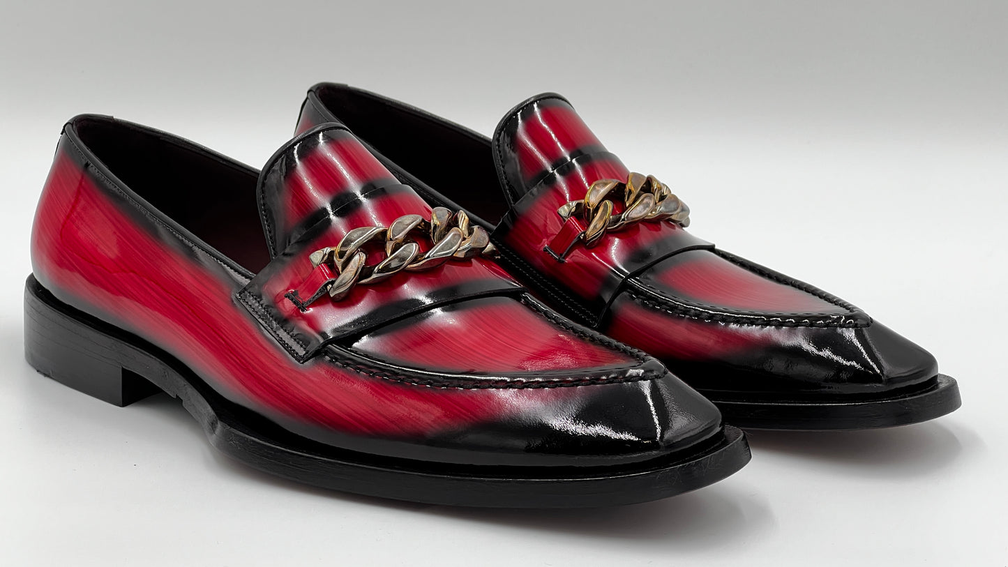 GRASE Italy Handpaint Red Loafer Gold Buckle Leather Shoes