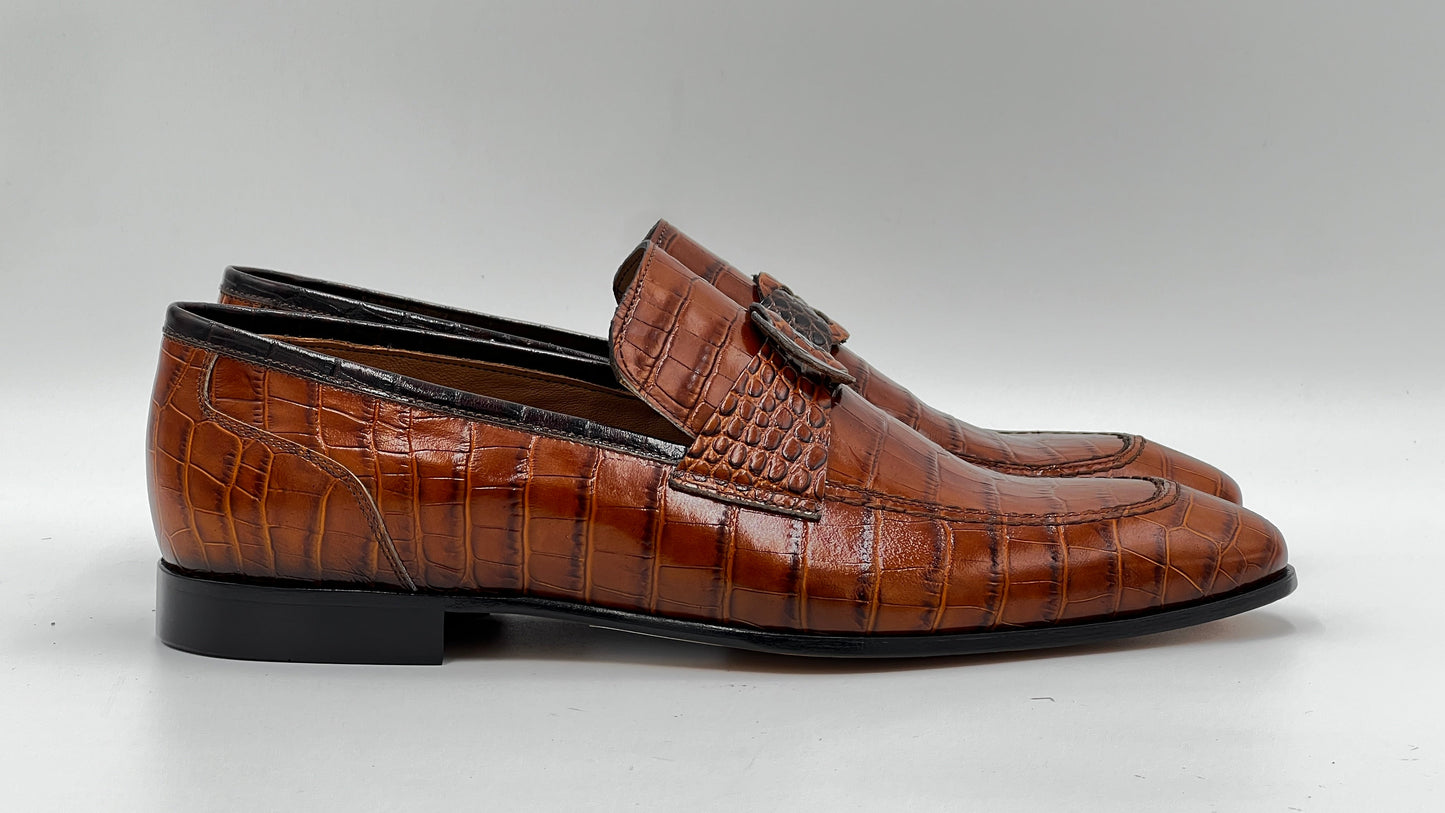 25095 Cognac Crocodile Print Leather Loafer Men Shoes - Alvarenzo shoes