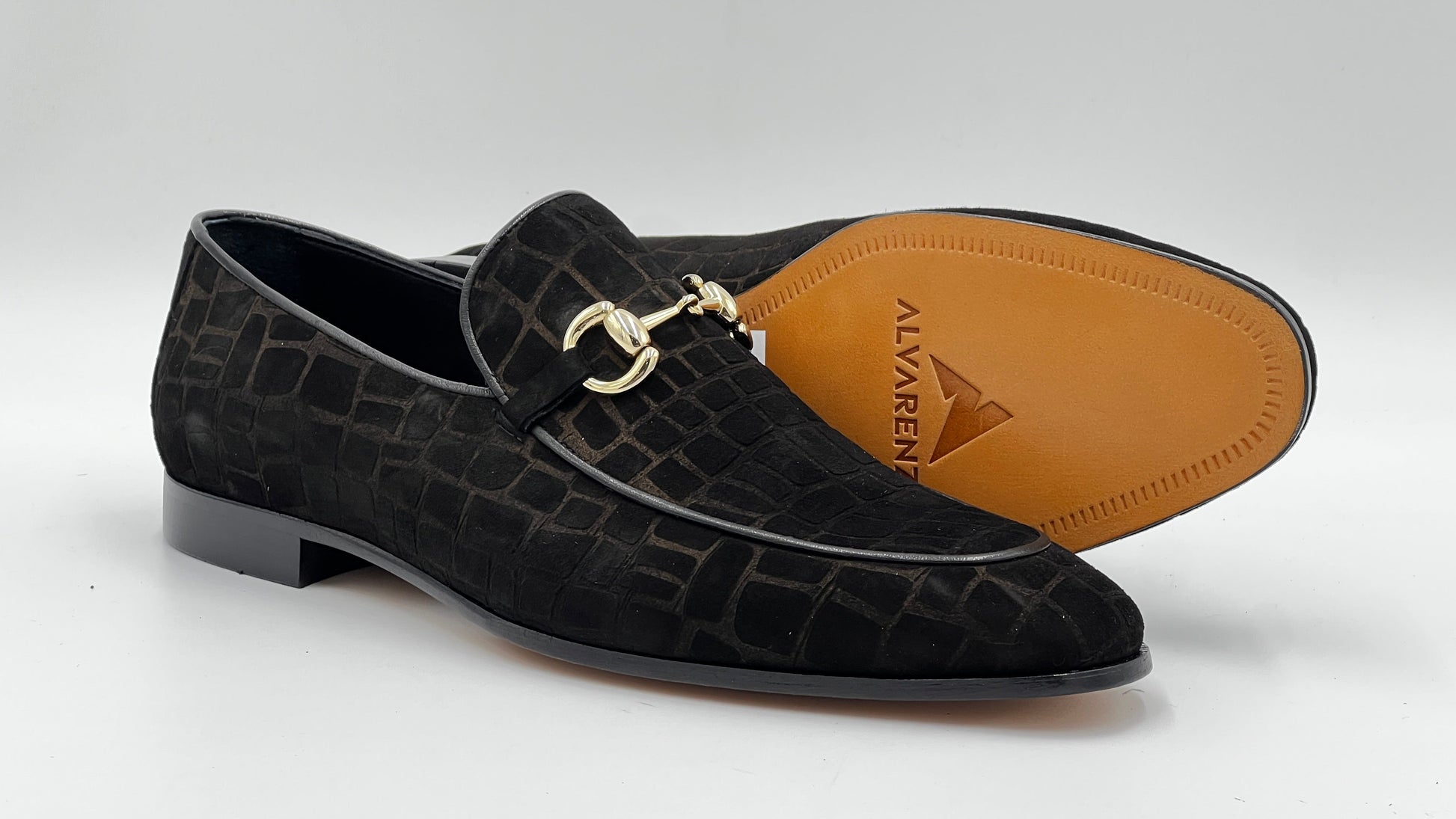 25123 Black Suede Crocodile Press Loafer Men Shoes - Alvarenzo shoes