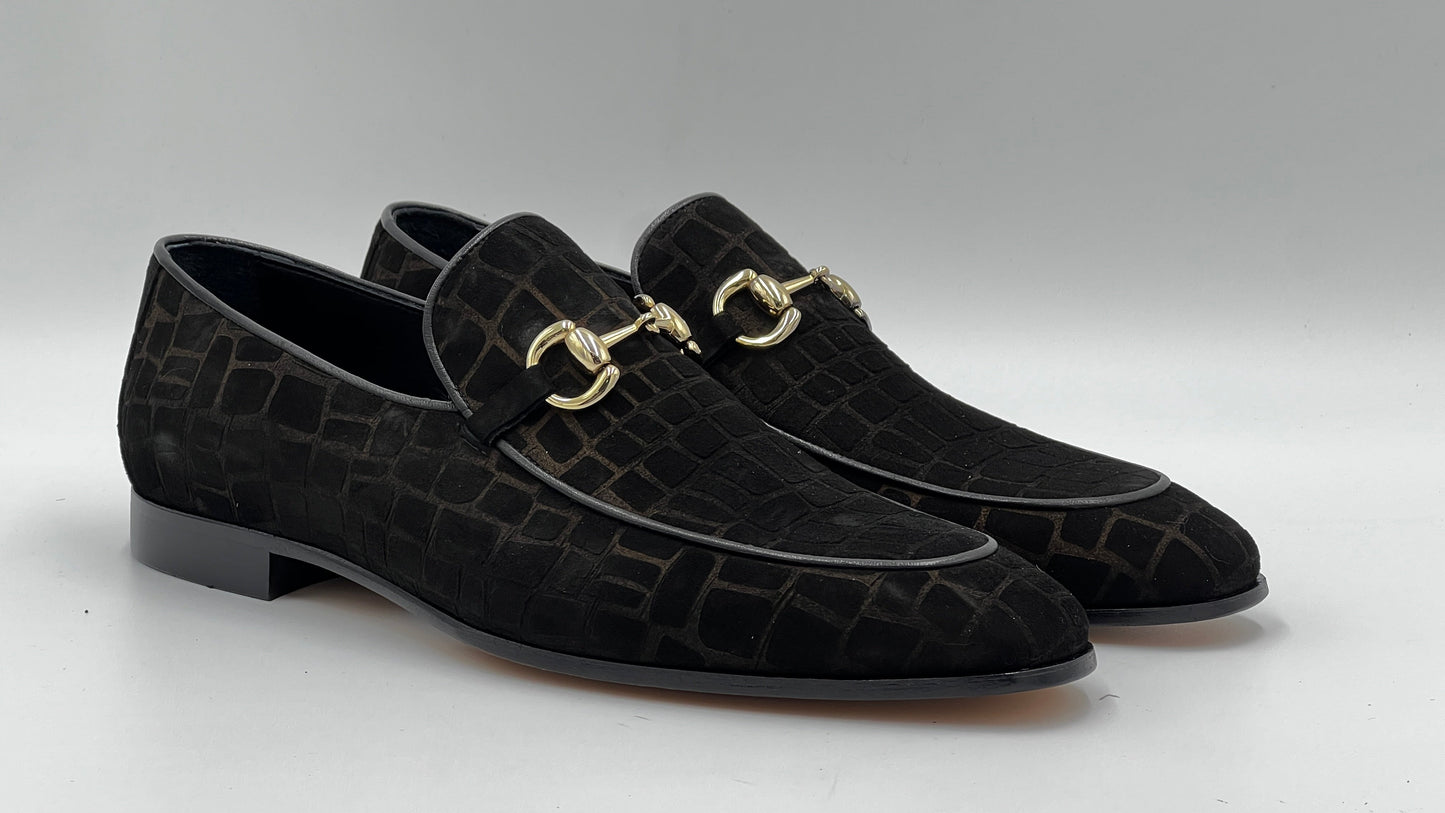 25123 Black Suede Crocodile Press Loafer Men Shoes - Alvarenzo shoes
