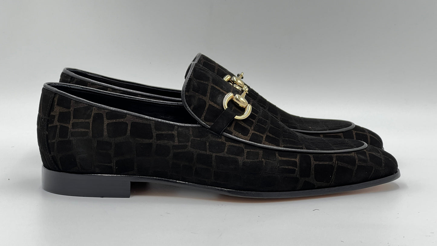 25123 Black Suede Crocodile Press Loafer Men Shoes - Alvarenzo shoes