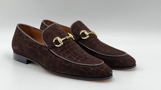 25123 Brown Suede Crocodile Press Loafer Men Shoes - Alvarenzo shoes