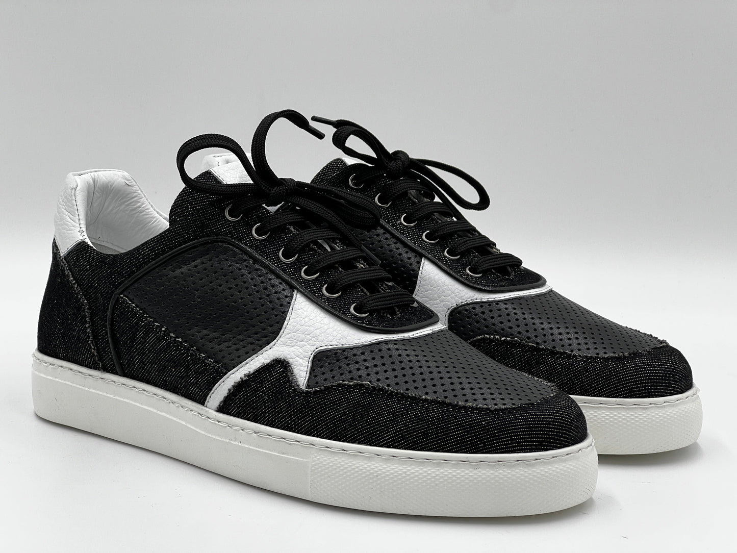 25148 Black Leather Fabric Dual Sneaker - Alvarenzo shoes