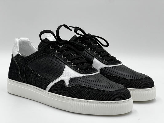 25148 Black Leather Fabric Dual Sneaker - Alvarenzo shoes