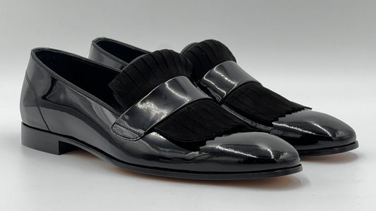 25176 Black Fringed Patent Leather Men Loafer Shoes - Alvarenzo shoes