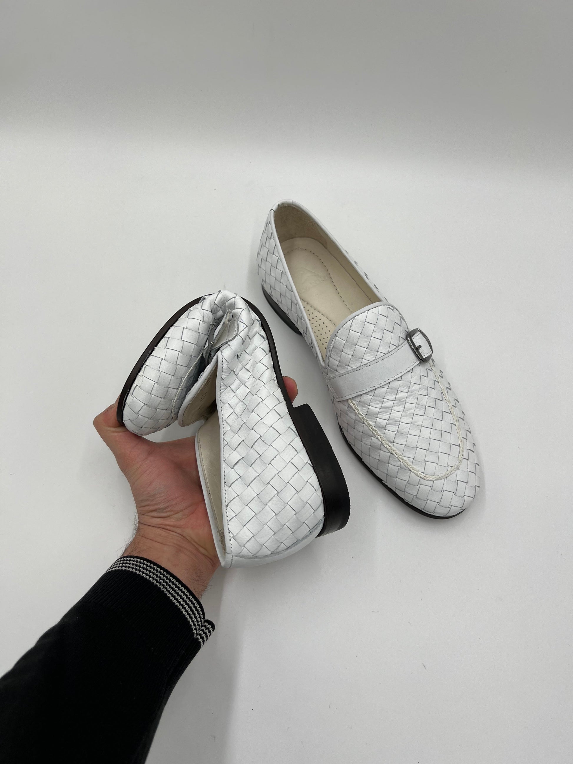 26502 Whıte Woven Monkstrap Flexible Leather Sole - Alvarenzo shoes