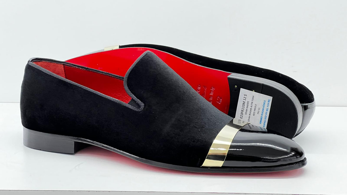 VINZA Black Velvet Gold Accesorize Loafer