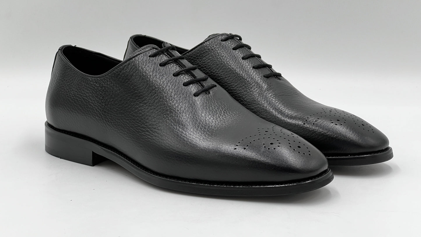 ALVOX Black Pebble Grain Leather Wholecut Oxford Shoes - Alvarenzo shoes