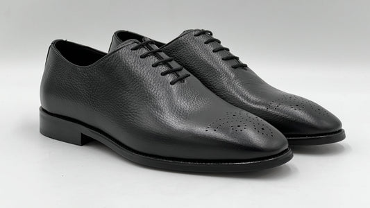 ALVOX Black Pebble Grain Leather Wholecut Oxford Shoes - Alvarenzo shoes