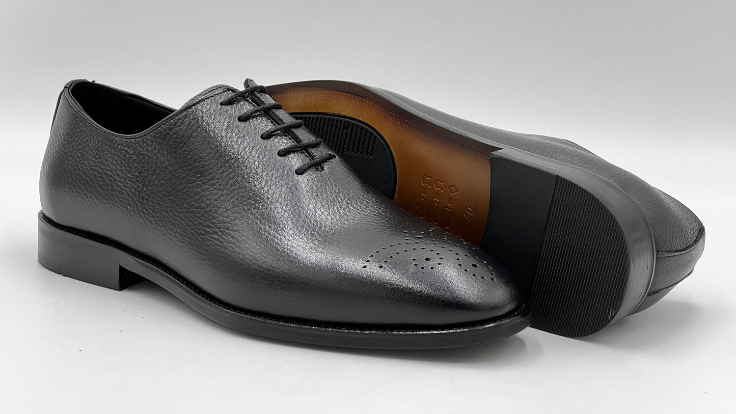 ALVOX Black Pebble Grain Leather Wholecut Oxford Shoes - Alvarenzo shoes