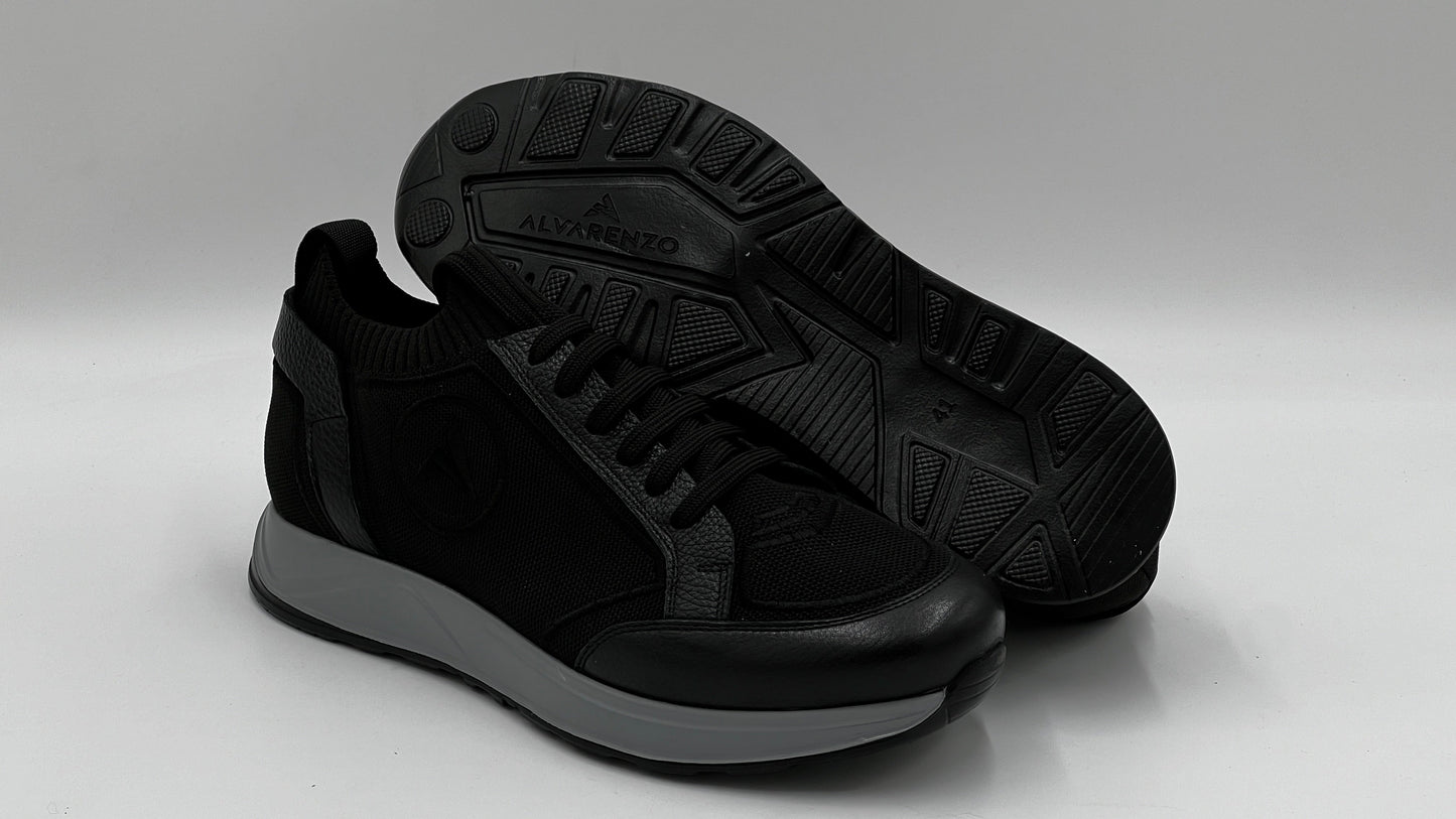 ALVRUN Black Knit & Leather Hybrid Runner Sneakers - Alvarenzo shoes