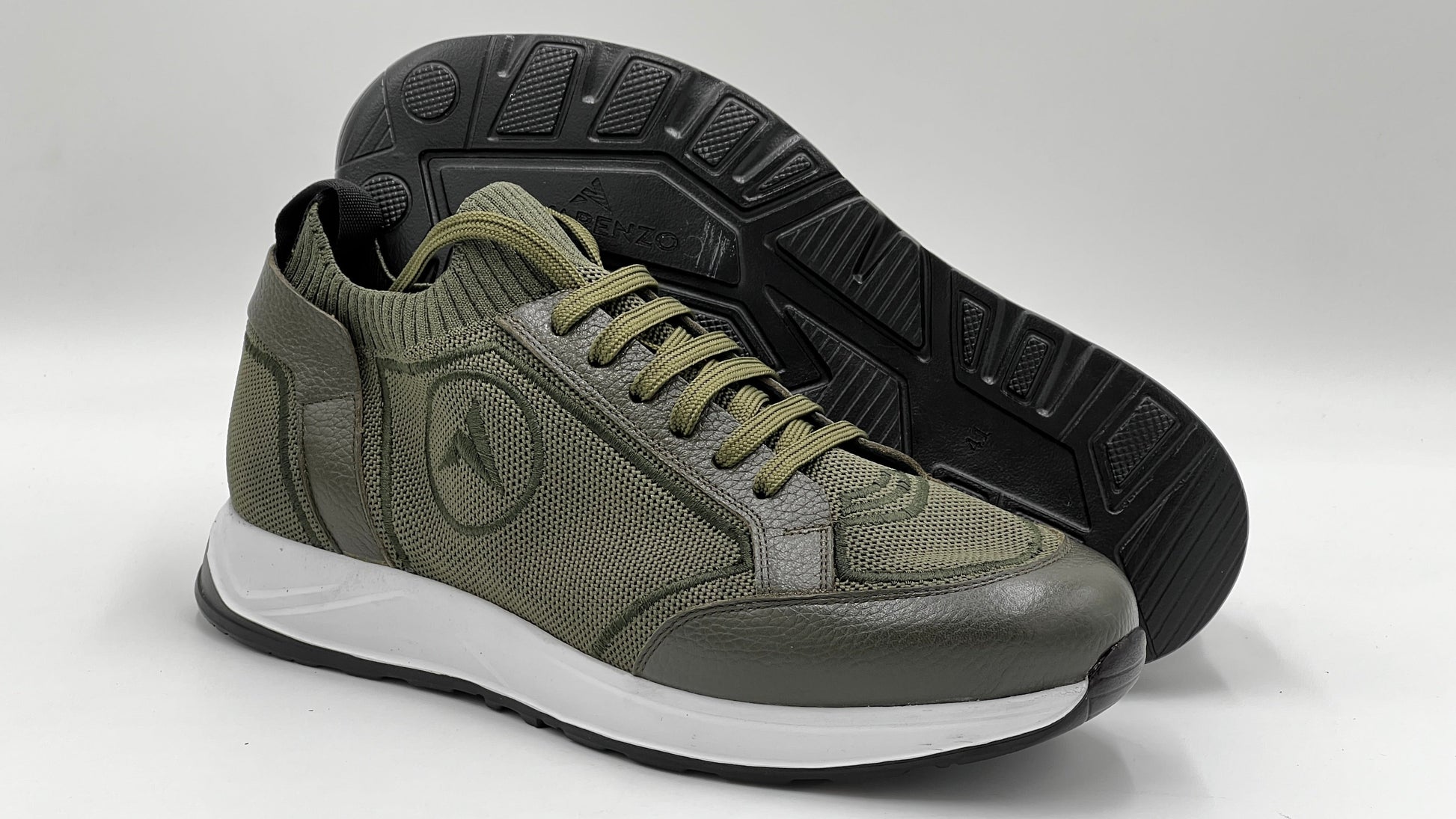 ALVRUN Olive Green Knit & Leather Hybrid Runner Sneakers - Alvarenzo shoes