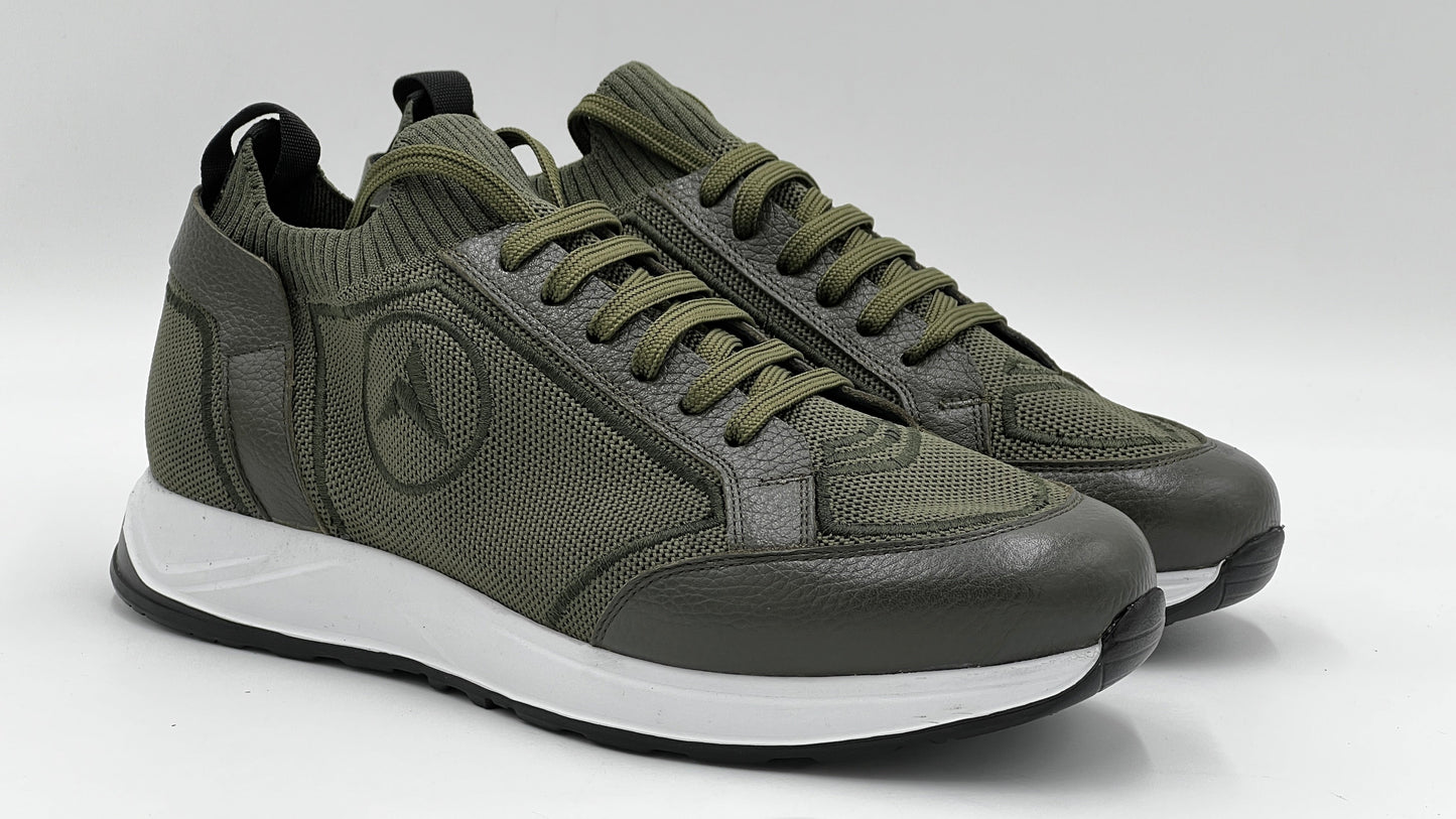 ALVRUN Olive Green Knit & Leather Hybrid Runner Sneakers - Alvarenzo shoes