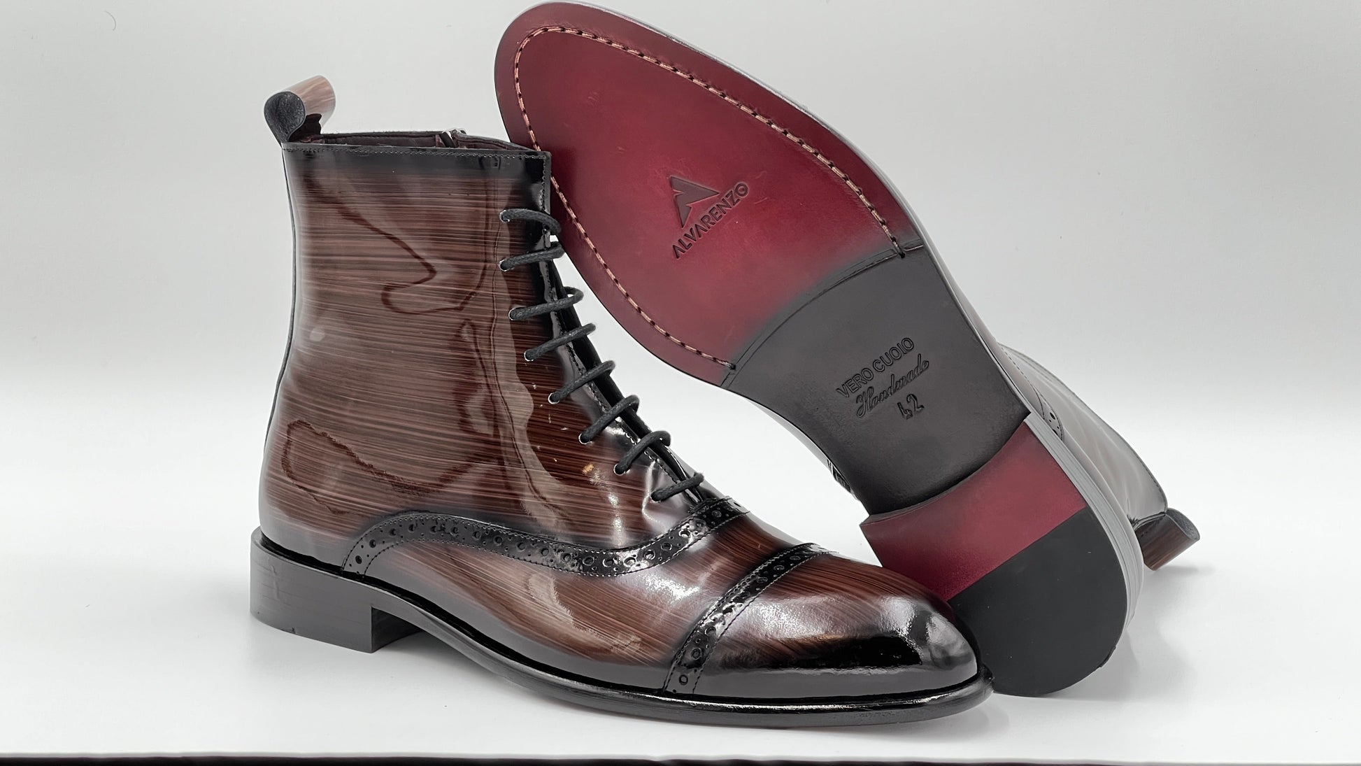 BOST Handpaint Brown Leather Lace Boots - Alvarenzo shoes