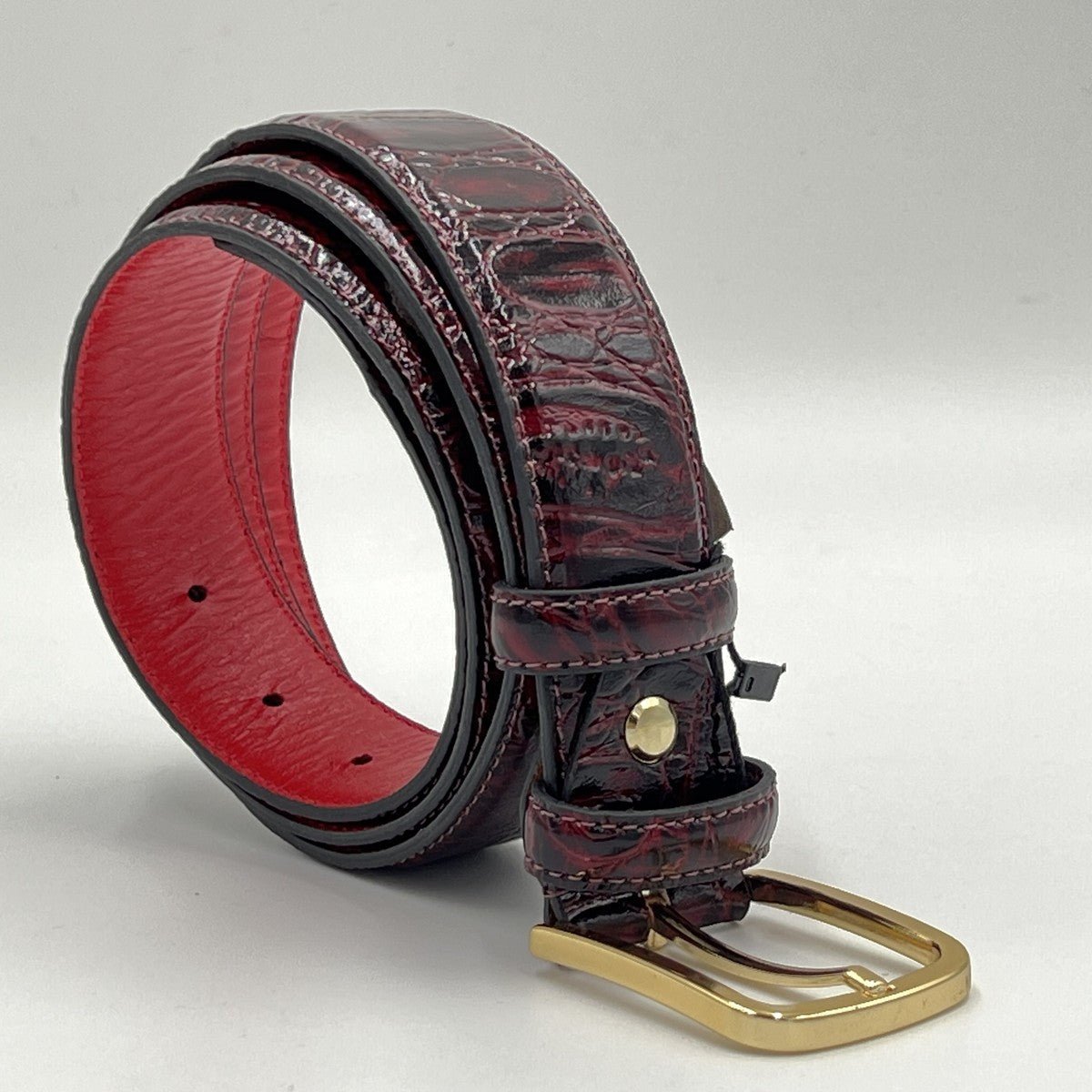 Burgundy Crocodile Pattern Belt - Alvarenzo shoes