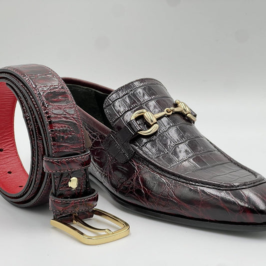 Burgundy Crocodile Pattern Belt - Alvarenzo shoes