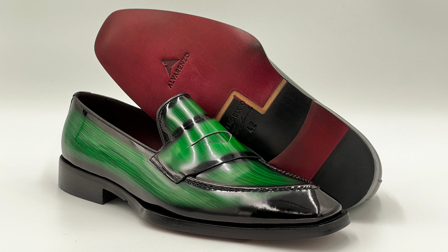 GRASE Italy Handpaint Green Loafer Leather Shoes - Alvarenzo shoes