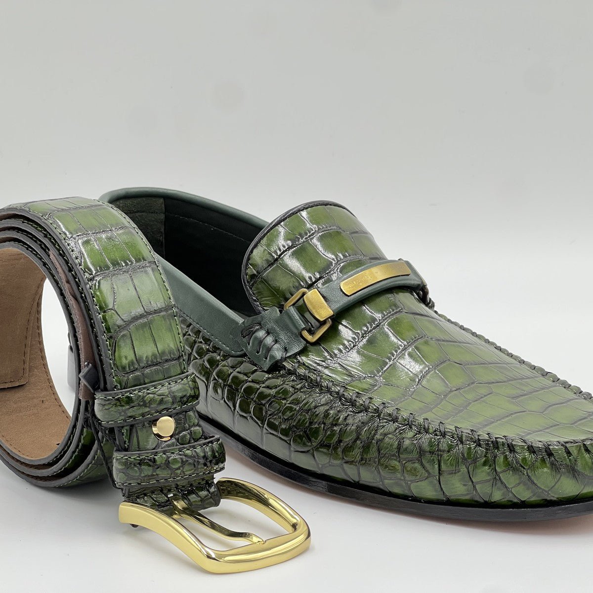 Green Crocodile Pattern Belt - Alvarenzo shoes