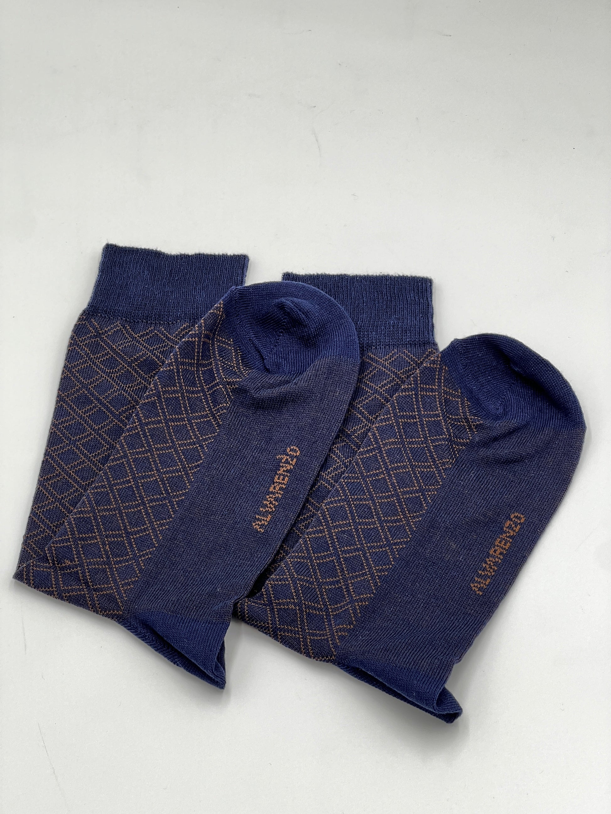 Navy & Tan Diamond Pattern Socks - Alvarenzo shoes