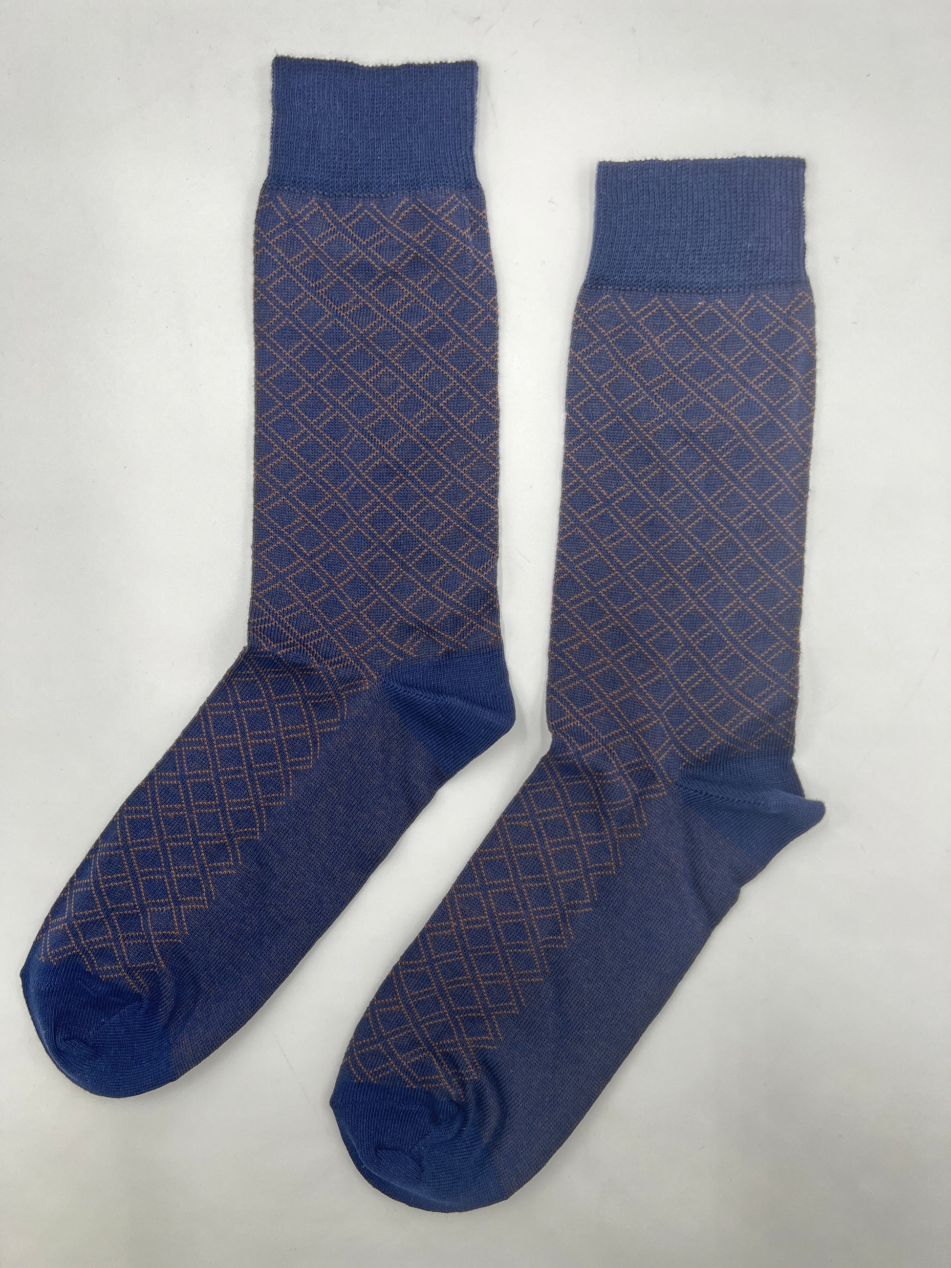 Navy & Tan Diamond Pattern Socks - Alvarenzo shoes