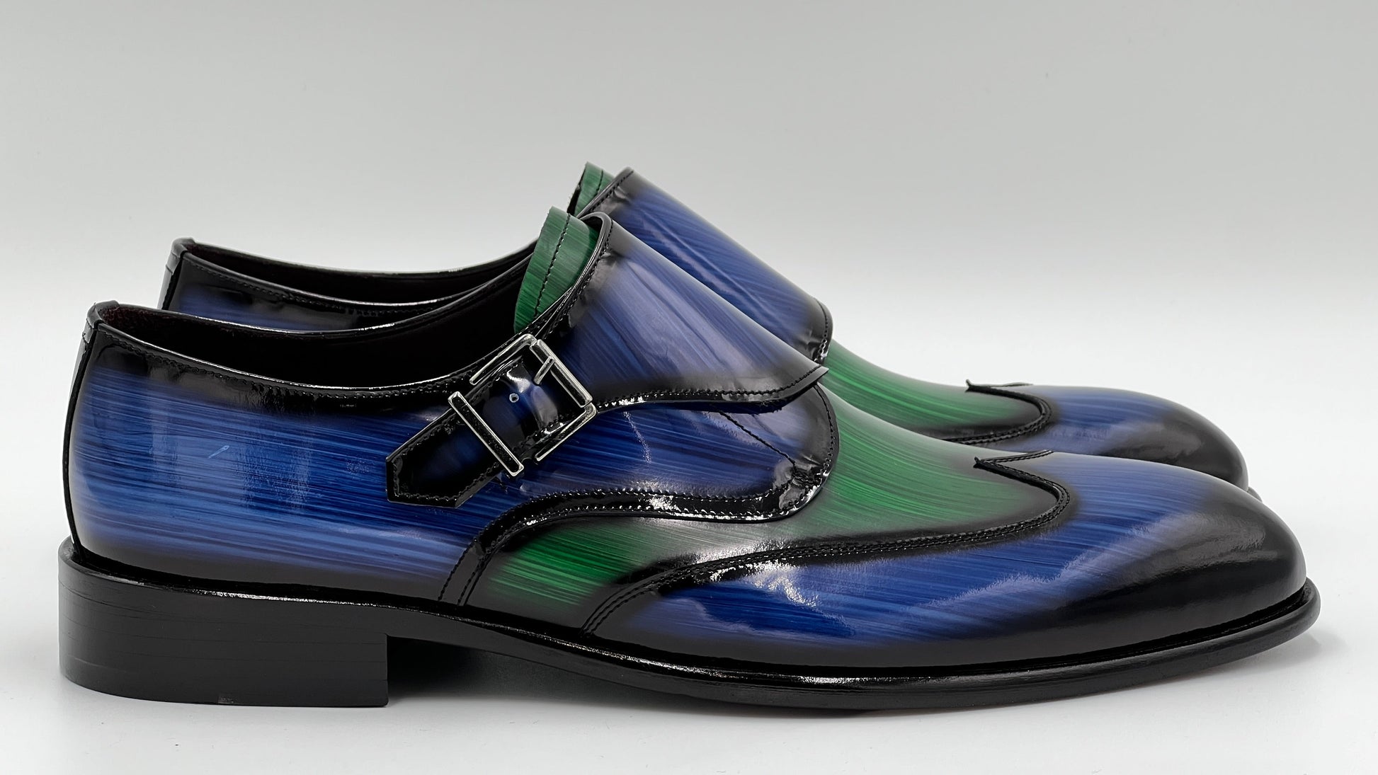 PORTO Handpaint Wingtip Monkstrap Blue - Green Leather Shoes - Alvarenzo shoes