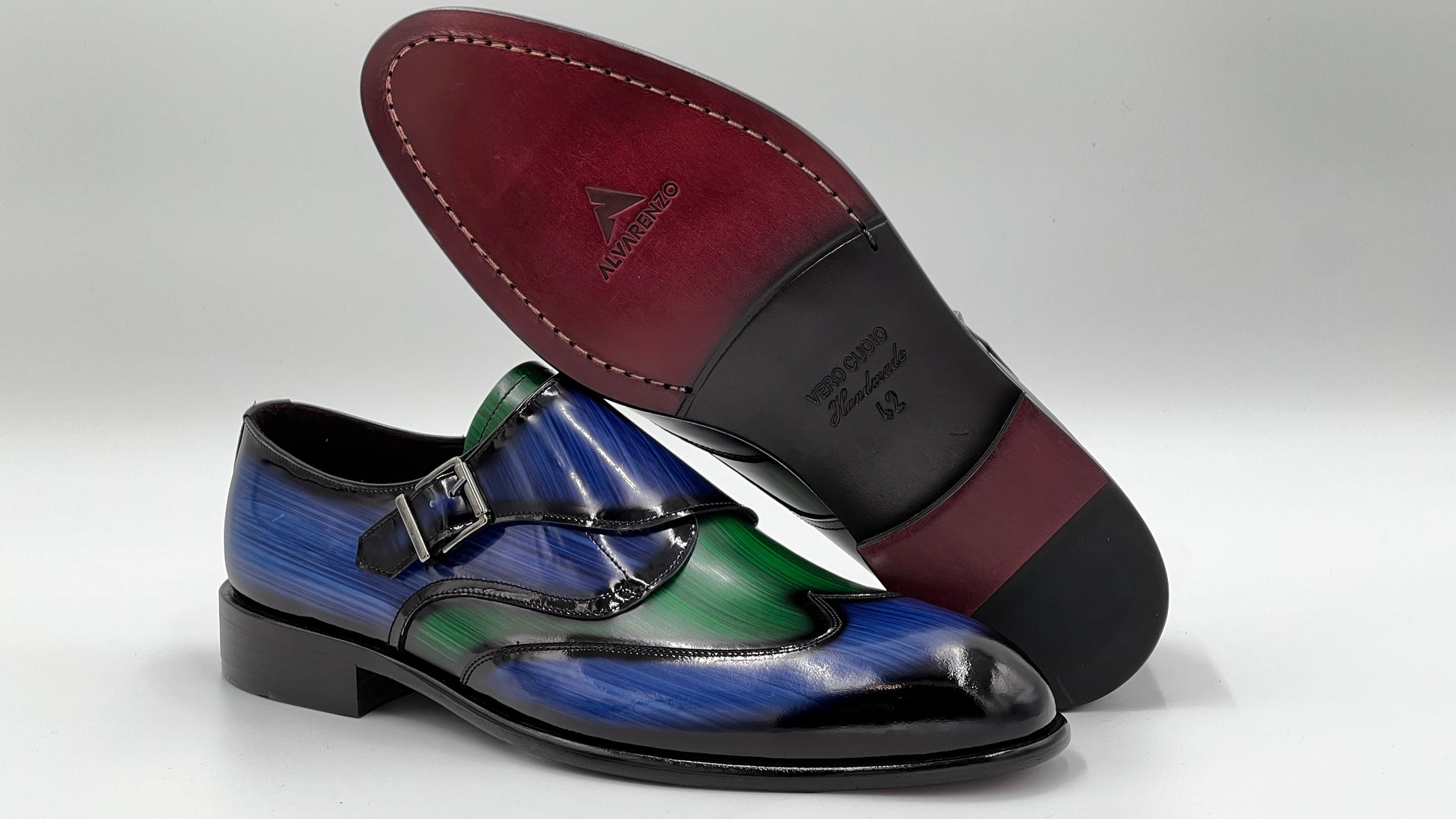 PORTO Handpaint Wingtip Monkstrap Blue - Green Leather Shoes - Alvarenzo shoes
