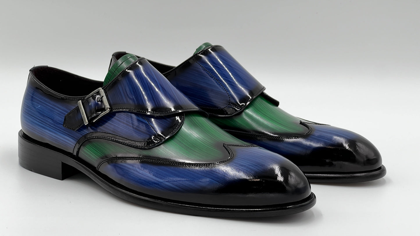 PORTO Handpaint Wingtip Monkstrap Blue - Green Leather Shoes - Alvarenzo shoes