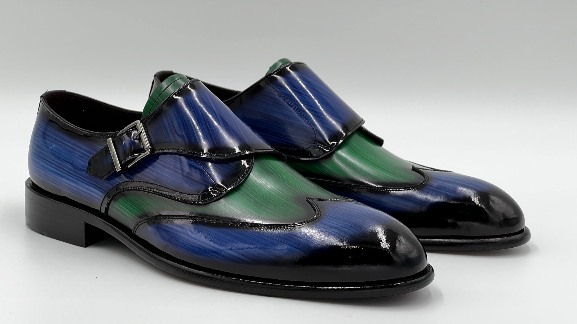 PORTO Handpaint Wingtip Monkstrap Blue - Green Leather Shoes - Alvarenzo shoes