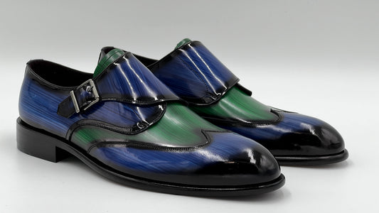 PORTO Handpaint Wingtip Monkstrap Blue - Green Leather Shoes - Alvarenzo shoes