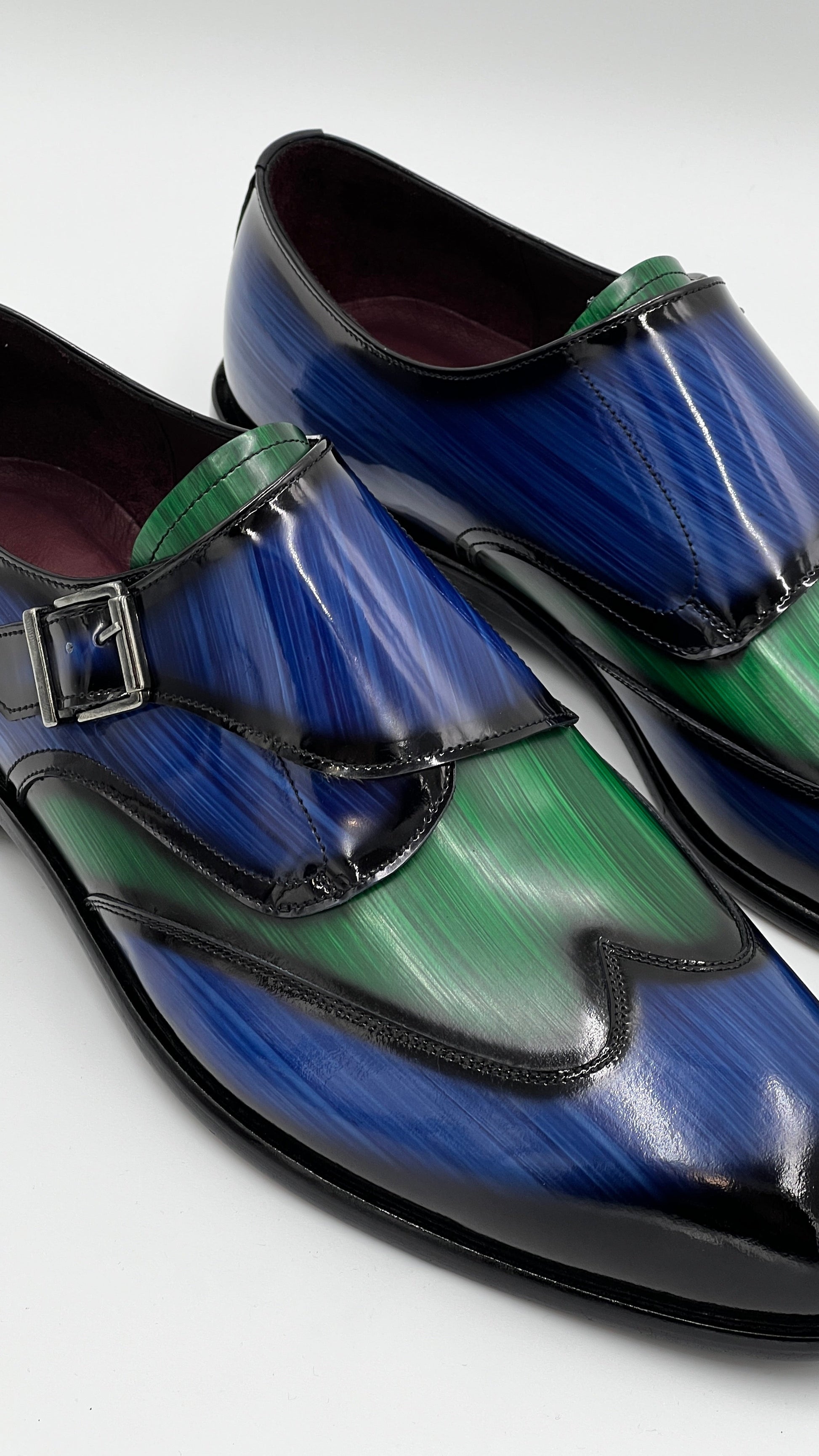 PORTO Handpaint Wingtip Monkstrap Blue - Green Leather Shoes - Alvarenzo shoes