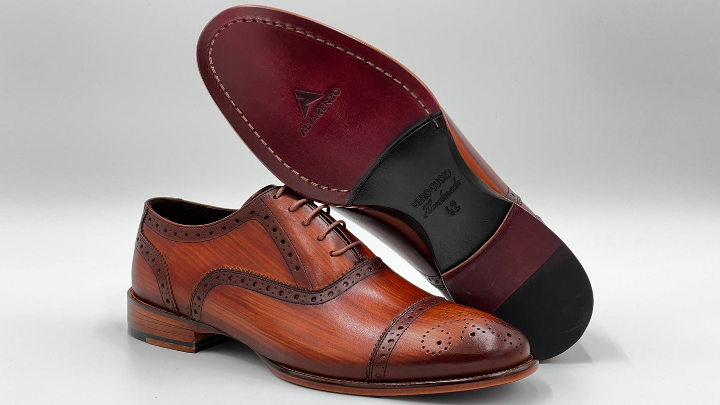 UOMO Handpaint Brown Wood Color Oxford Leather Shoes - Alvarenzo shoes