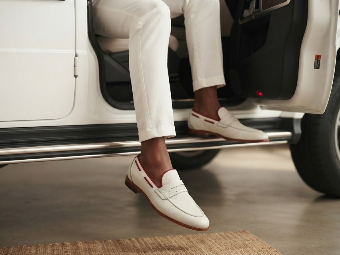 White Loafer Red Piping Leather sole - Alvarenzo shoes